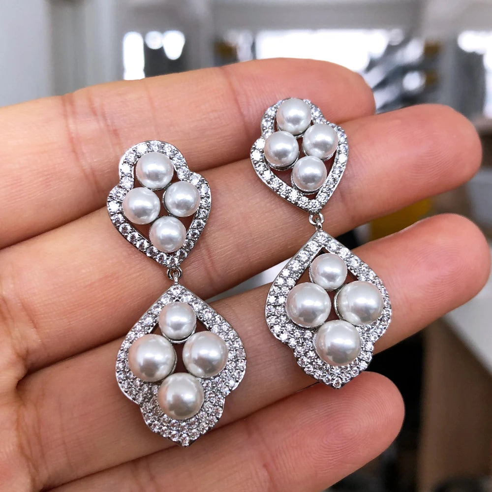 New Luxury Rhinestone Crystal Pearls Drop Earrings for Women Bridal Dangling Earrings