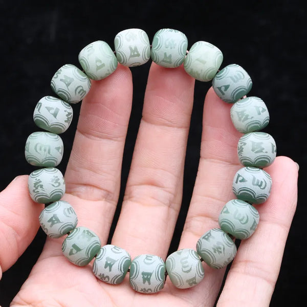 Pulsera unisex de semillas verdes Bodhi de 12 mm con cuentas de mantra de seis caracteres.