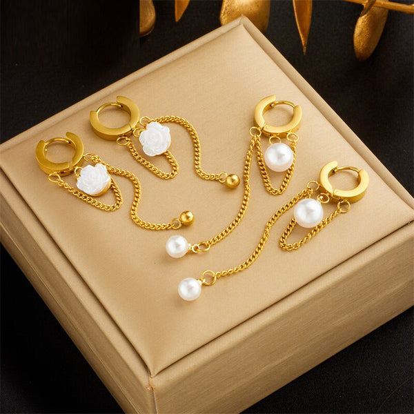 316L Stainless Steel Pearl Flower Tassel Earrings For Women