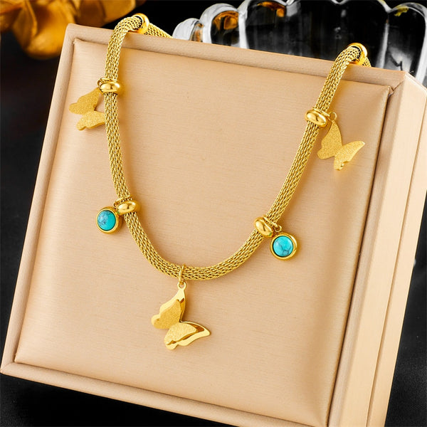 316L Stainless Steel Butterfly Green Stone Pendant Necklace For Women