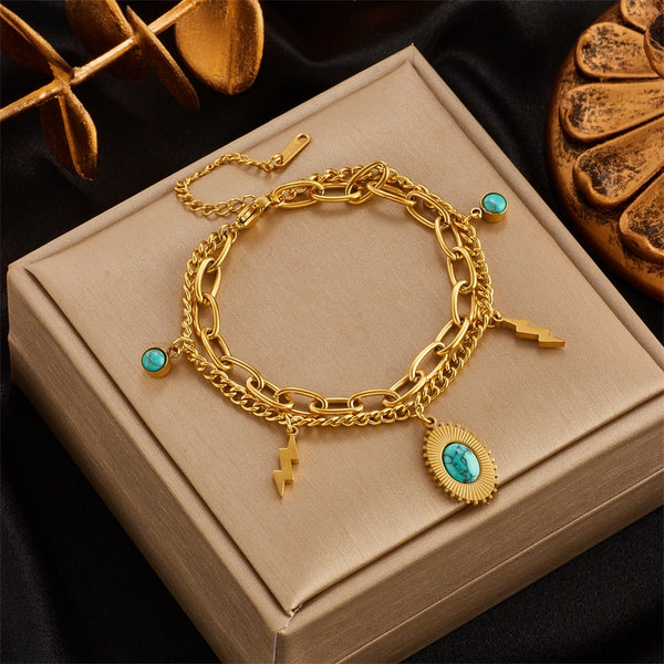Pulsera de acero inoxidable 316L con múltiples capas de piedra verde y rayo para mujer.