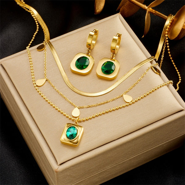 316L Stainless Steel Oval Green Crystal Charm Necklace Earrings For Women