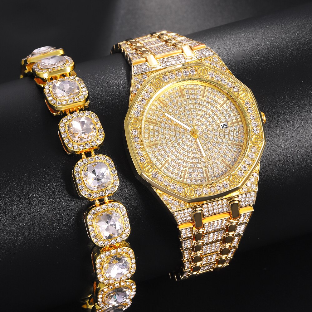 Luxury Iced Out Watches for Women Gold Watch Sliver Chain Bracelet Necklace