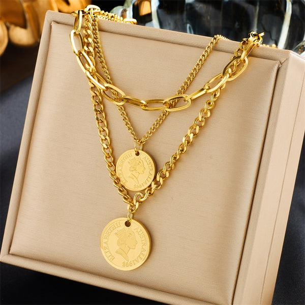 Collar con colgante de moneda redonda dorada de acero inoxidable 316L para mujer