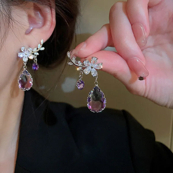 Exquisitos pendientes de circonita morada con diamantes de imitación para mujer