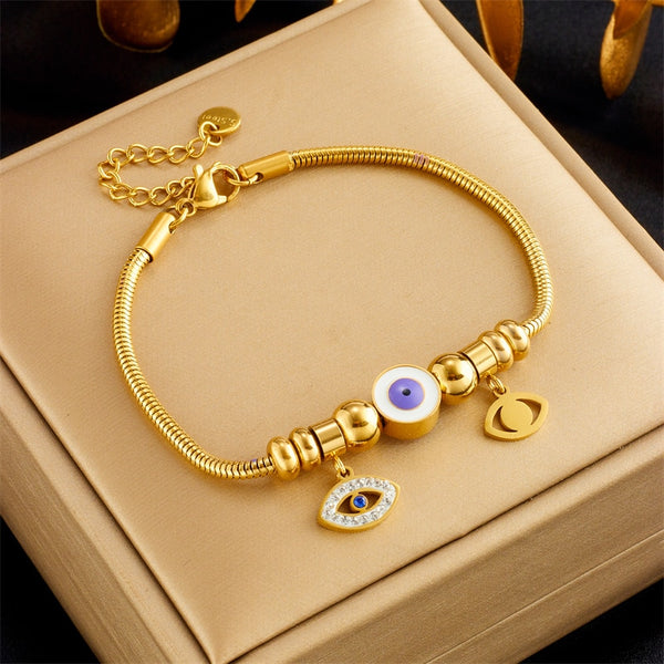 Pulsera con dijes de cuentas de ojo de acero inoxidable 316L para mujer