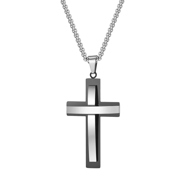 Elegantes collares cruzados en capas para hombres y niños, colgante de cruz en dos tonos, color negro y plateado.
