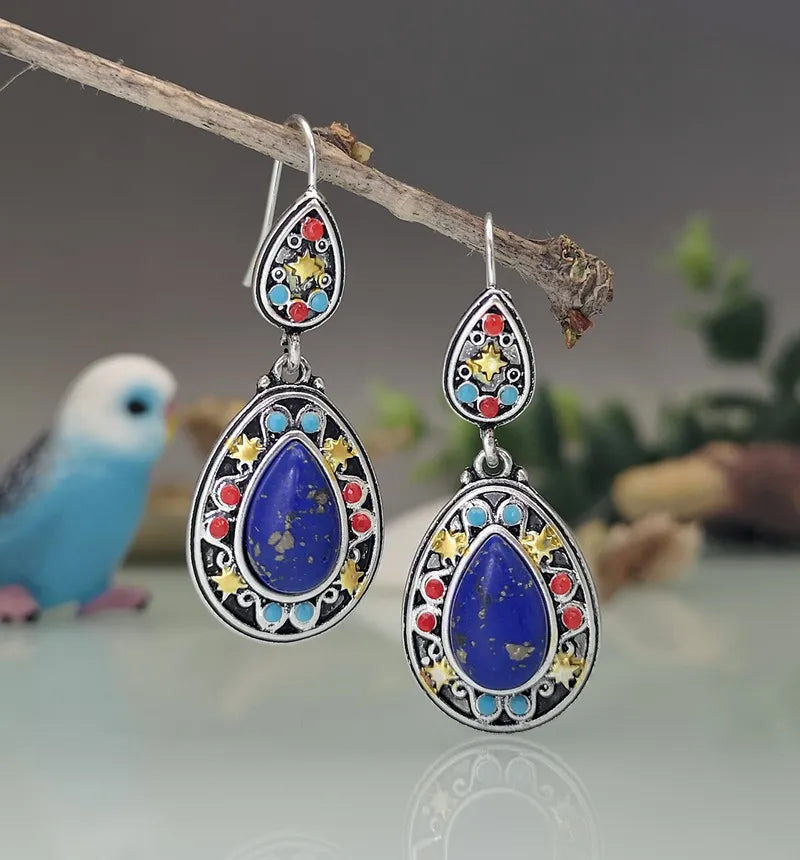 Retro color separation lapis lazuli earrings