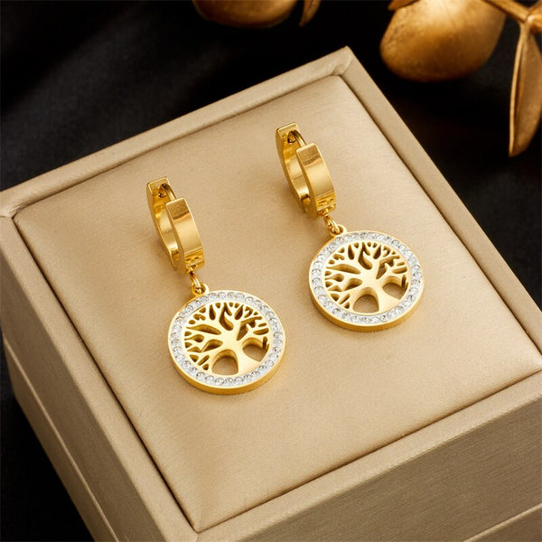 316L Stainless Steel Round Tree Pendant Earrings For Women