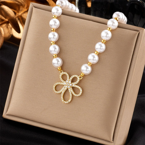 316L Stainless Steel Cutout Rhinestone Flower Pendant Necklace For Women