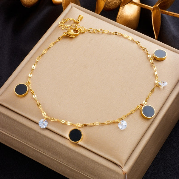 316L Stainless Steel Black Round Charm Anklets For Women