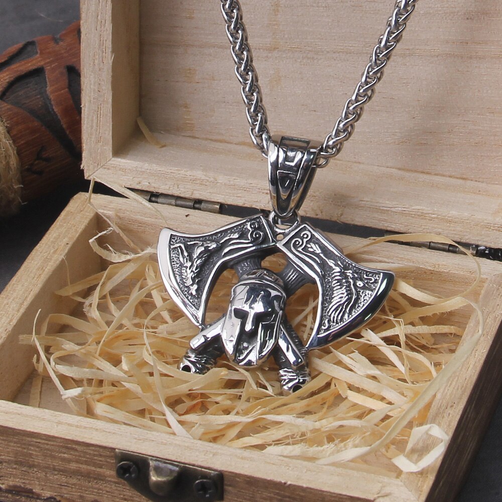 Men's Stainless Steel Exquisite Double Axe Pendant Necklace Nordic Rune Amulet Gift