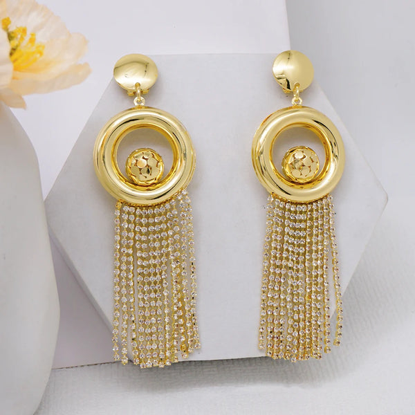 Fashion African Gold Color Round Shape Tassel Earrings Long Drop Dangle Earrings