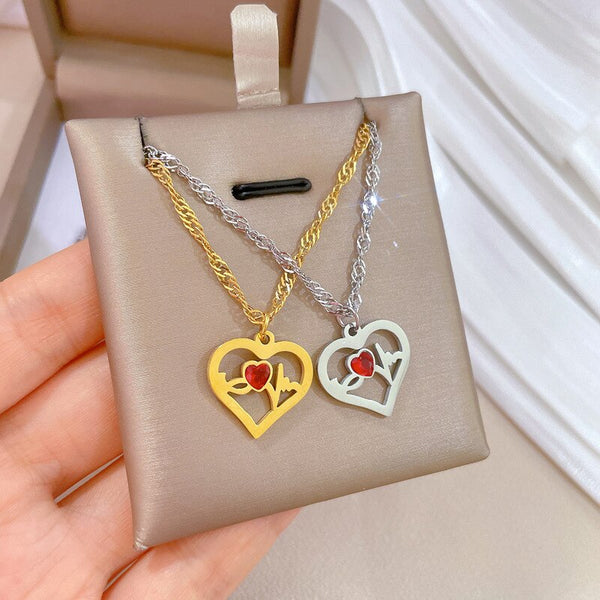 316L Stainless Steel Heart-Shaped ECG Pendant Necklace For Women