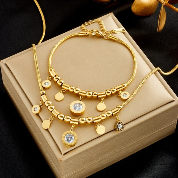 316L Stainless Steel Roman Numerals White Zircon Charm Necklace Bracelets For Women