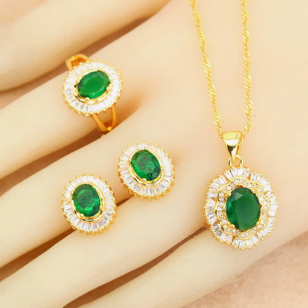 Green Crystal Earrings Necklace Pendant Open Ring Party Gift