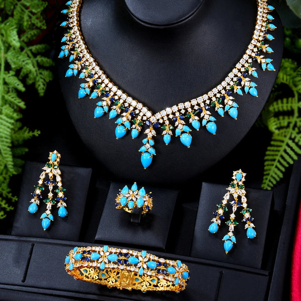 Conjunto de 4 piezas de joyería de lujo para mujeres de África, Dubái, con collar, pulsera, pendientes, anillos