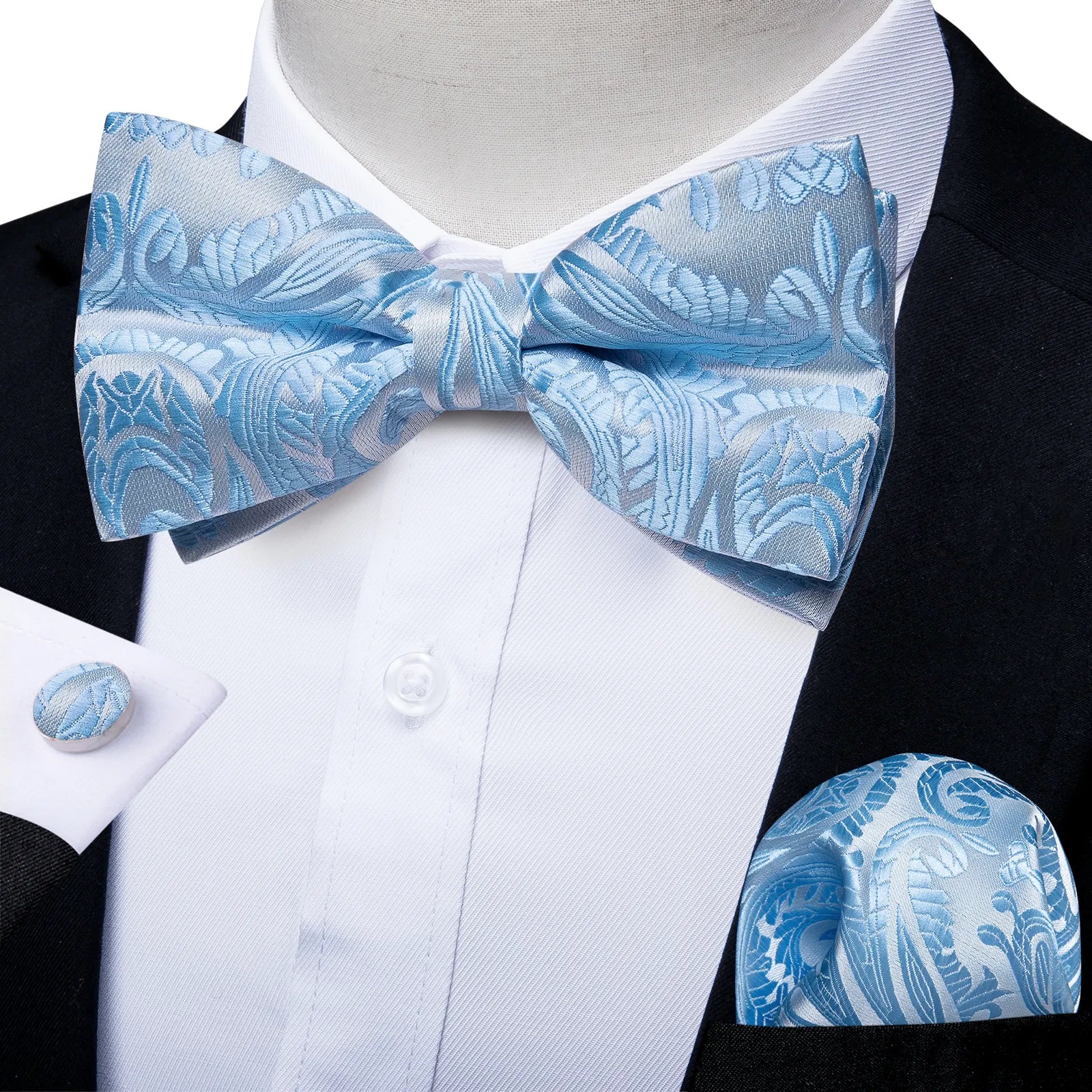 Fashion Blue Paisley Bowtie Handkerchief Cuffinks Set for Man