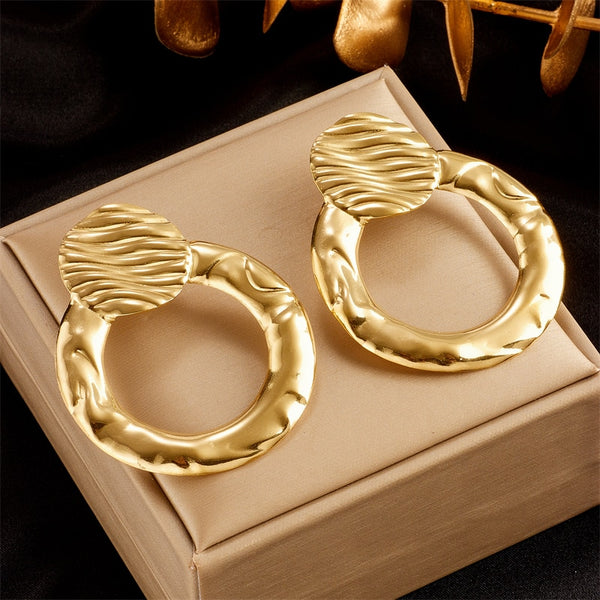 316L Stainless Steel Gold Color Exaggerated Relief Round Circles Drop Earrings For Women