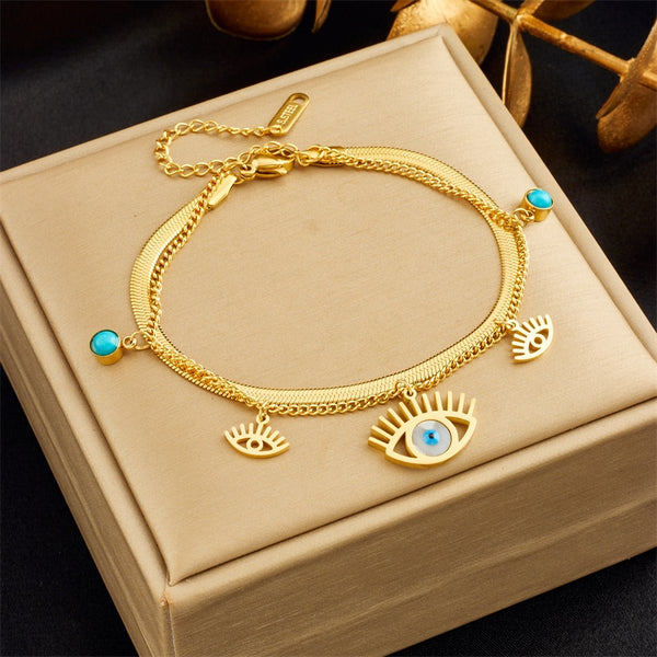316L Stainless Steel 2-Color Multilayer Retro Eyes Charm Bracelet For Women
