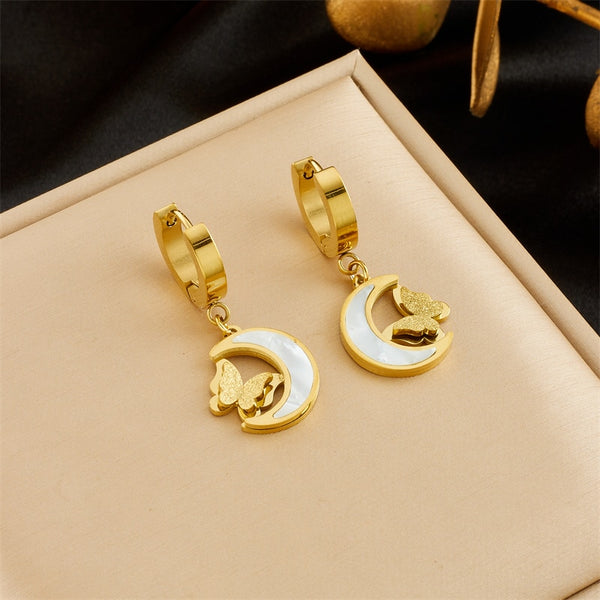 Pendientes de acero inoxidable 316L con dije de mariposa y luna para mujer