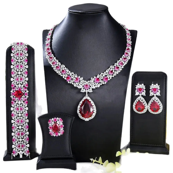 Conjunto de 4 joyas de lujo con collar de cristal en forma de gota de agua para mujer