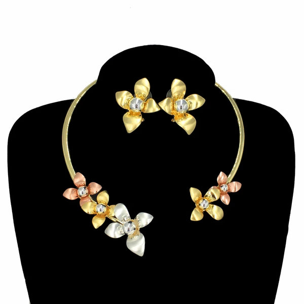 Gargantilla fina de joyería de Dubái, bisutería, collar de flores de tres tonos
