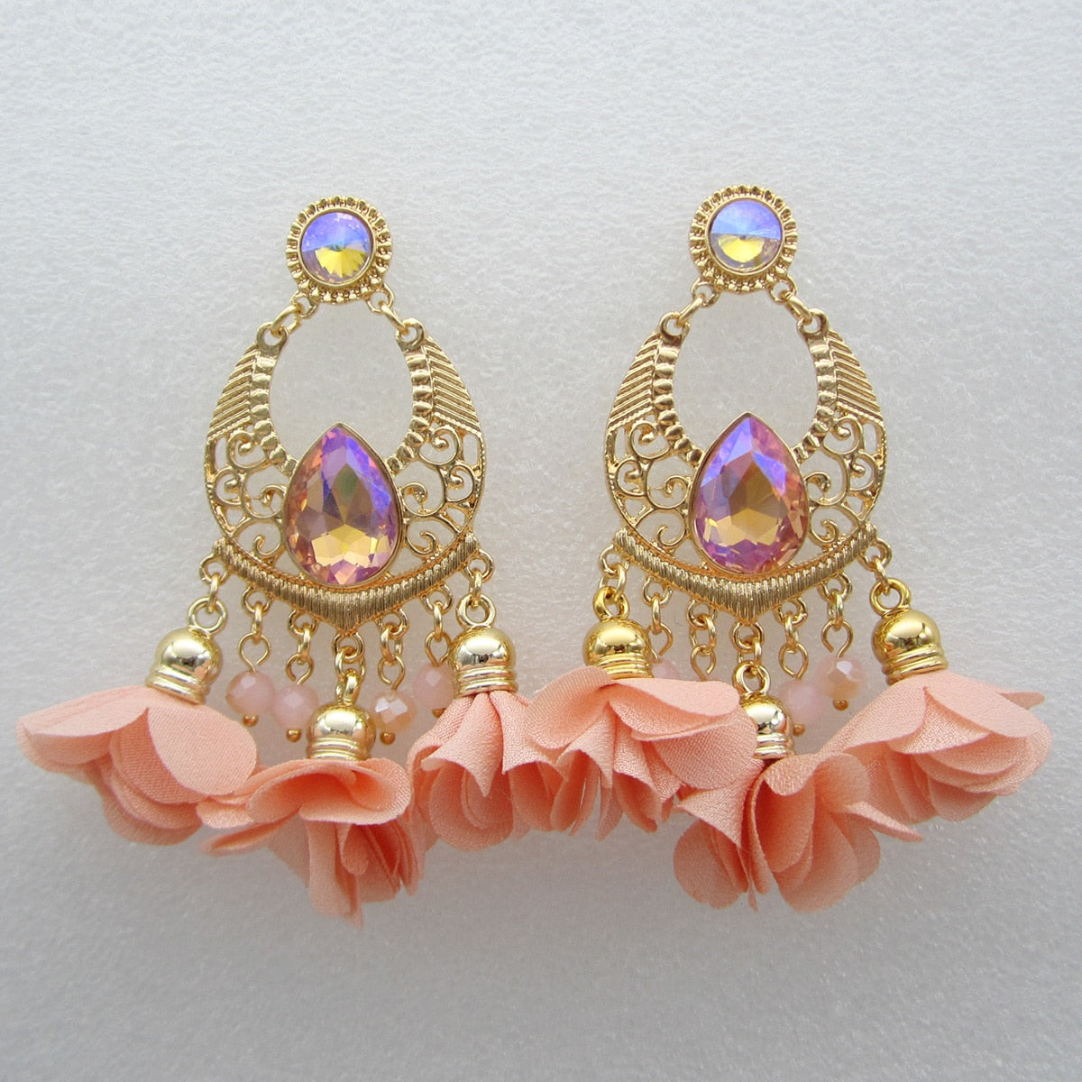 Boho Flower Tassel Long Drop Crystal Earrings For Women
