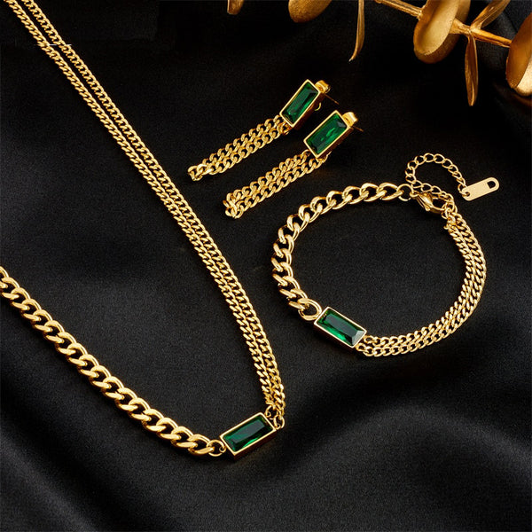 316L Stainless Steel Square Green Crystal Zircon Necklace Bracelets Earrings For Women