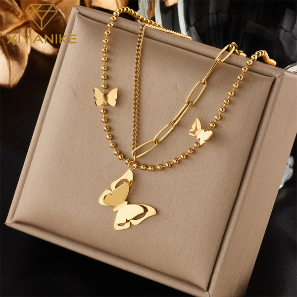 Collar multicapa de acero inoxidable 316L color dorado para mujer
