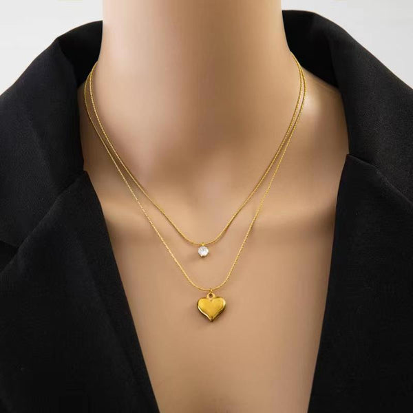 Fashion 2 Layer Zircon Love Heart Charms Chain Choker Necklaces Pendants For Women