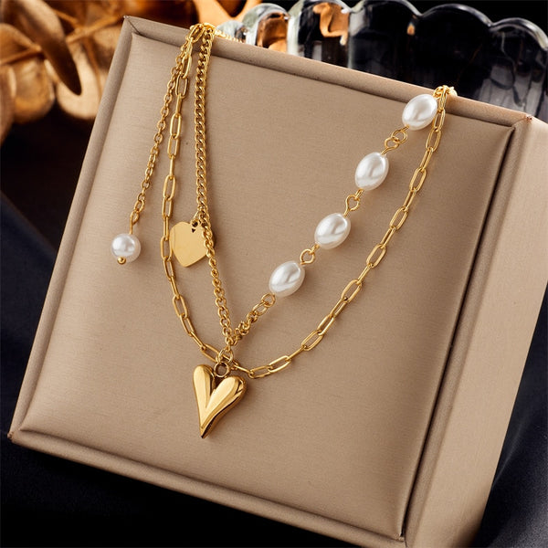 Collar con colgante de corazón de perla de acero inoxidable 316L para mujer