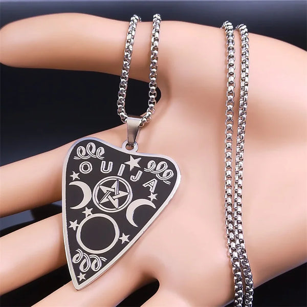 Collar de acero inoxidable con tabla de ouija y adivinación de brujas, con planchette mágico y diosa de la triple luna.