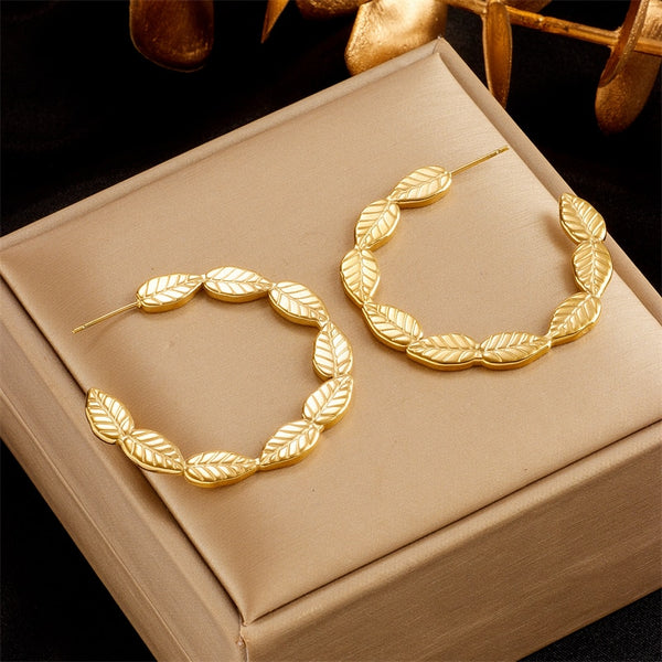 316L Stainless Steel Gold Color Leaf Leaves Stud Earrings For Women