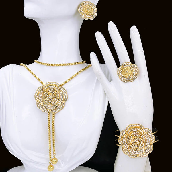 Conjunto de joyas con diamantes de imitación y flores de Dubái para mujer, cadena para el pecho, collar, pendientes, pulsera y anillo.