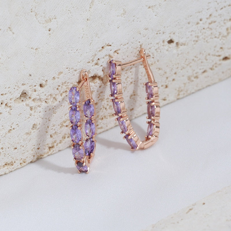 Luxury Full Claw Oval Purple Zircon Metal Earrings