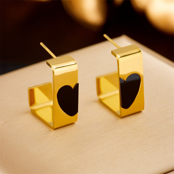 Pendientes de botón de acero inoxidable 316L con forma de corazón geométrico y piedra blanca y negra para mujer