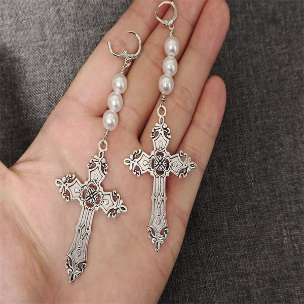 Pearl Cross Rosary Earrings|Large Cross Christian Cross Earrings