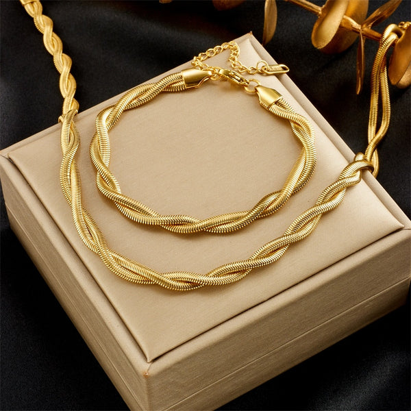 Pulsera de acero inoxidable 316L con dos cadenas cruzadas, color dorado y plateado, para mujer