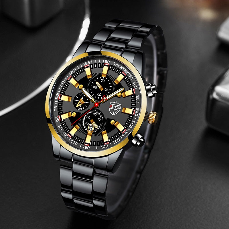 Mens Watches Fashion Luxury Men Black Stainless Steel Quartz Wristwatch