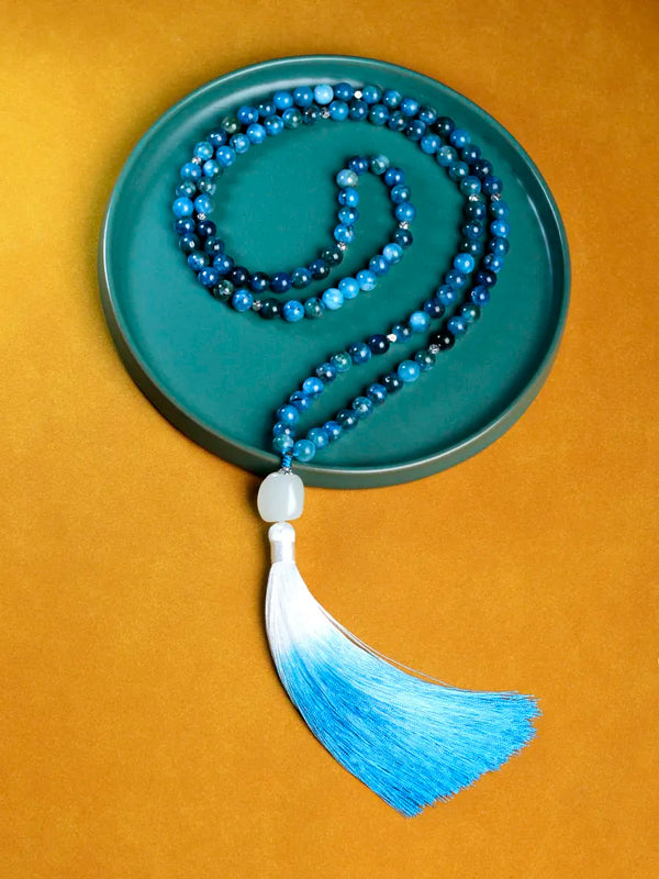 Collar de 108 cuentas mala para mujer, rosario, collar largo con borlas en azul degradado.
