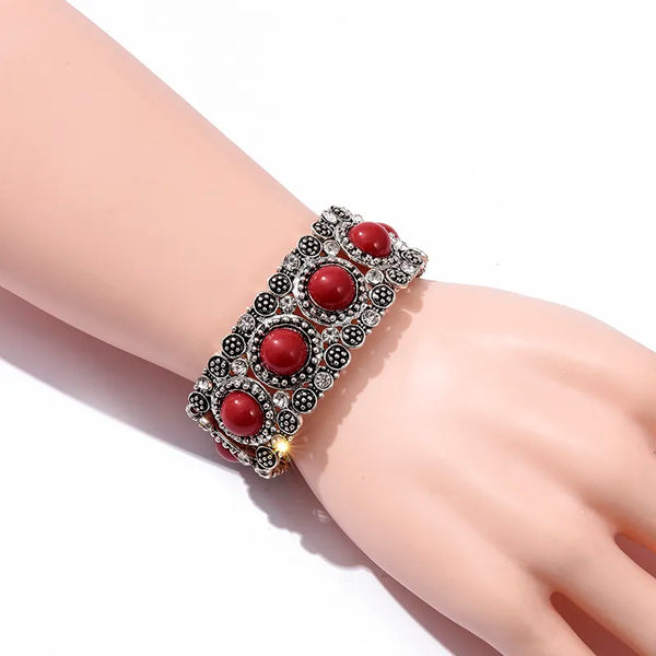 Pulsera y brazalete elástico de cuentas rojas estilo bohemio para mujer