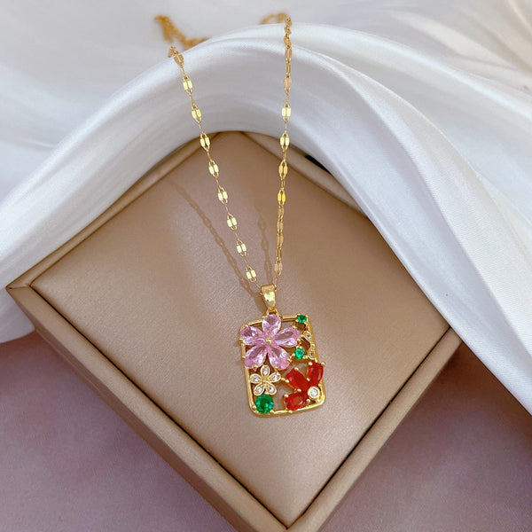 316L Stainless Steel Colorful Stone Flower Pendant Necklace For Women