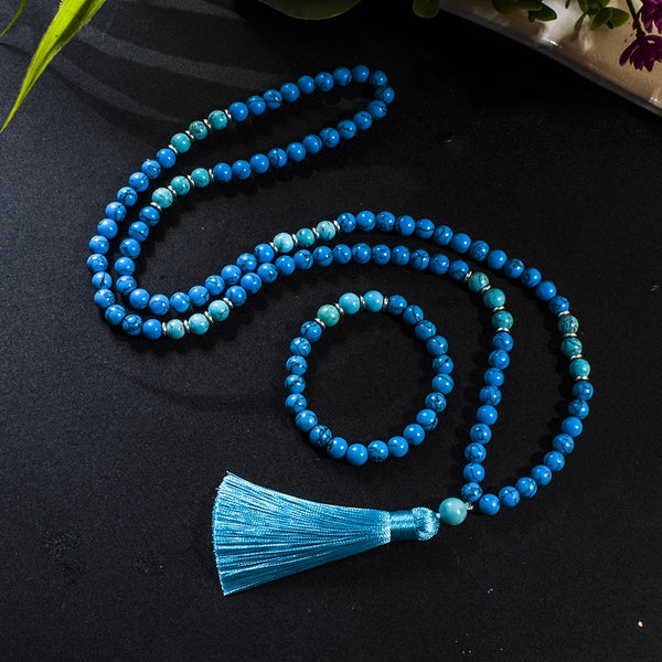 Collar Mala 108 con cuentas de turquesa azul de 8 mm para meditación, yoga y oración.