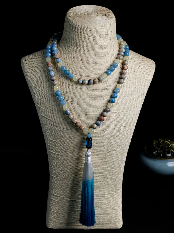 8mm Blue Tassel Necklace Set,Japamala Meditation Yoga Jewelry 108 Mala Beads Necklace