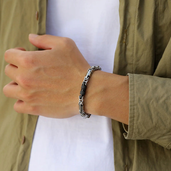 Punk Byzantine Bracelets for Men Boys,Black Silver Color Stainless Steel Chain Wristband