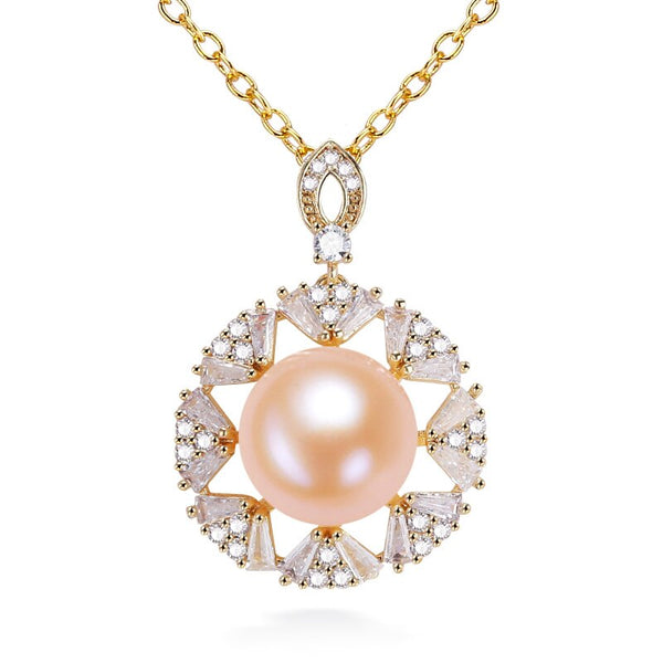 Collar grande de perlas de agua dulce rosas con colgante redondo
