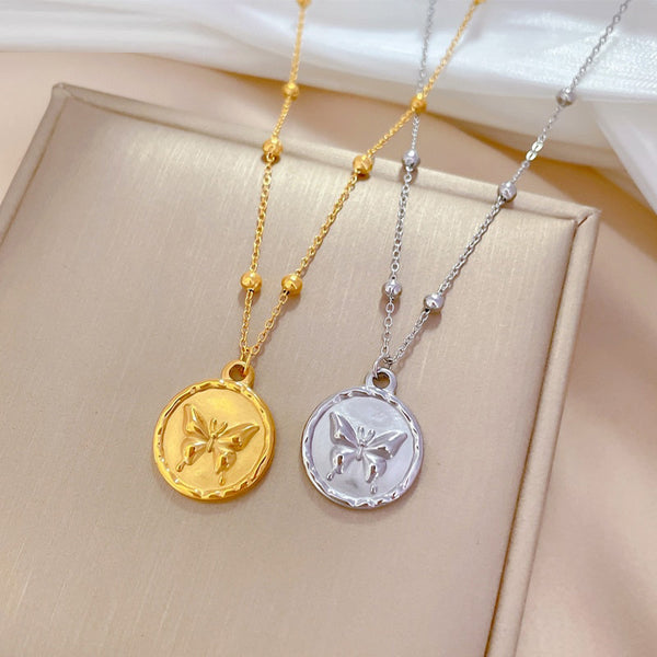 Collar con colgante de mariposa circular geométrica punk chapado en oro para mujer