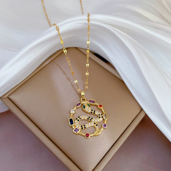 316L Stainless Steel Colorful Stone Snake Pendant Necklace For Women