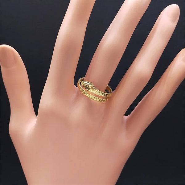 Anillos de serpiente punk para mujer, anillo de acero inoxidable color dorado
